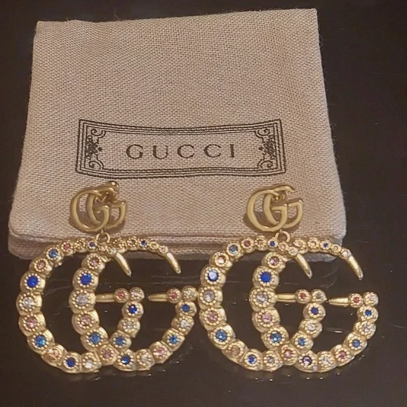 NWB Gucci Gold Earrings with Multicolor Crystals - Picture 3 of 8